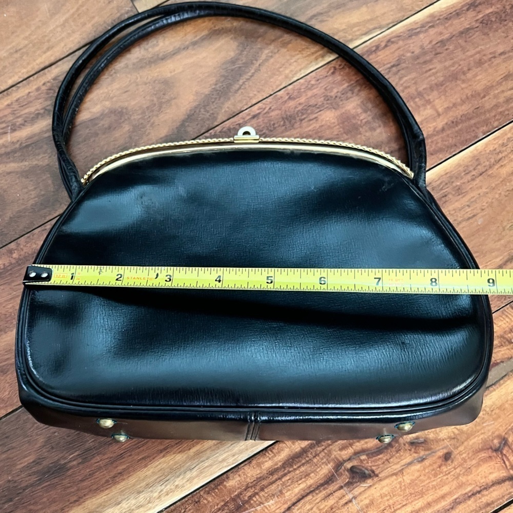 Vintage Black Leather Handbag Purse Retro Glam Party - Picture 9 of 10